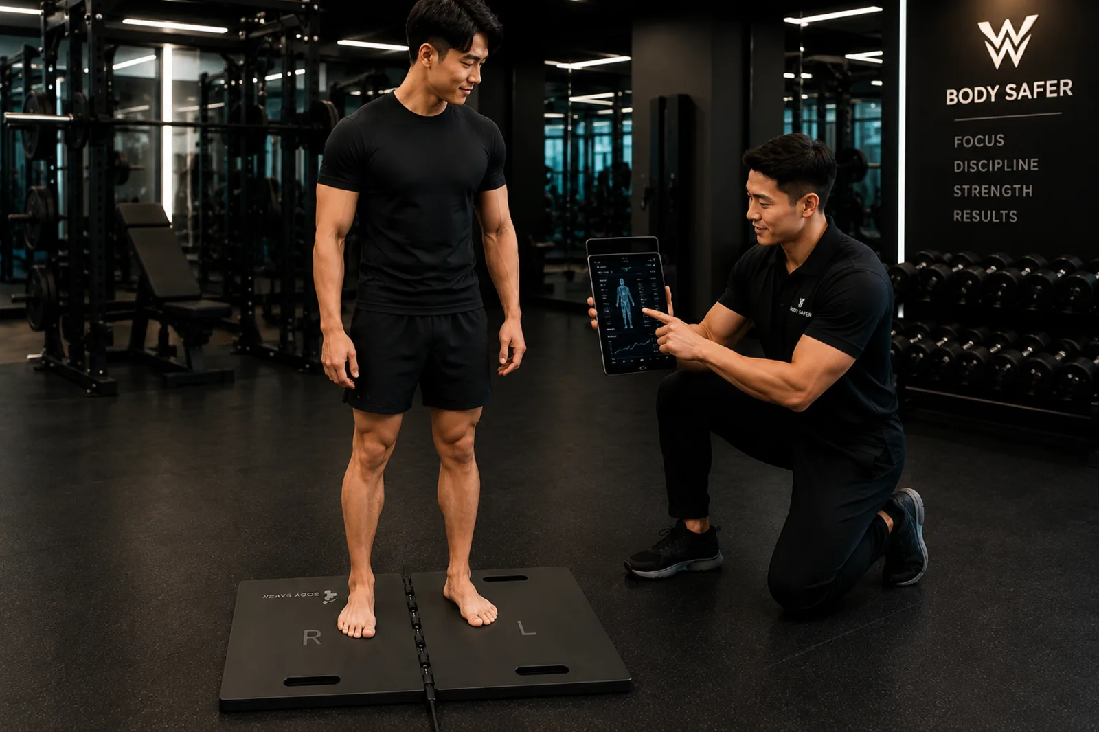 태블릿으로 코칭하며 BodySafer 패드 위에 선 회원